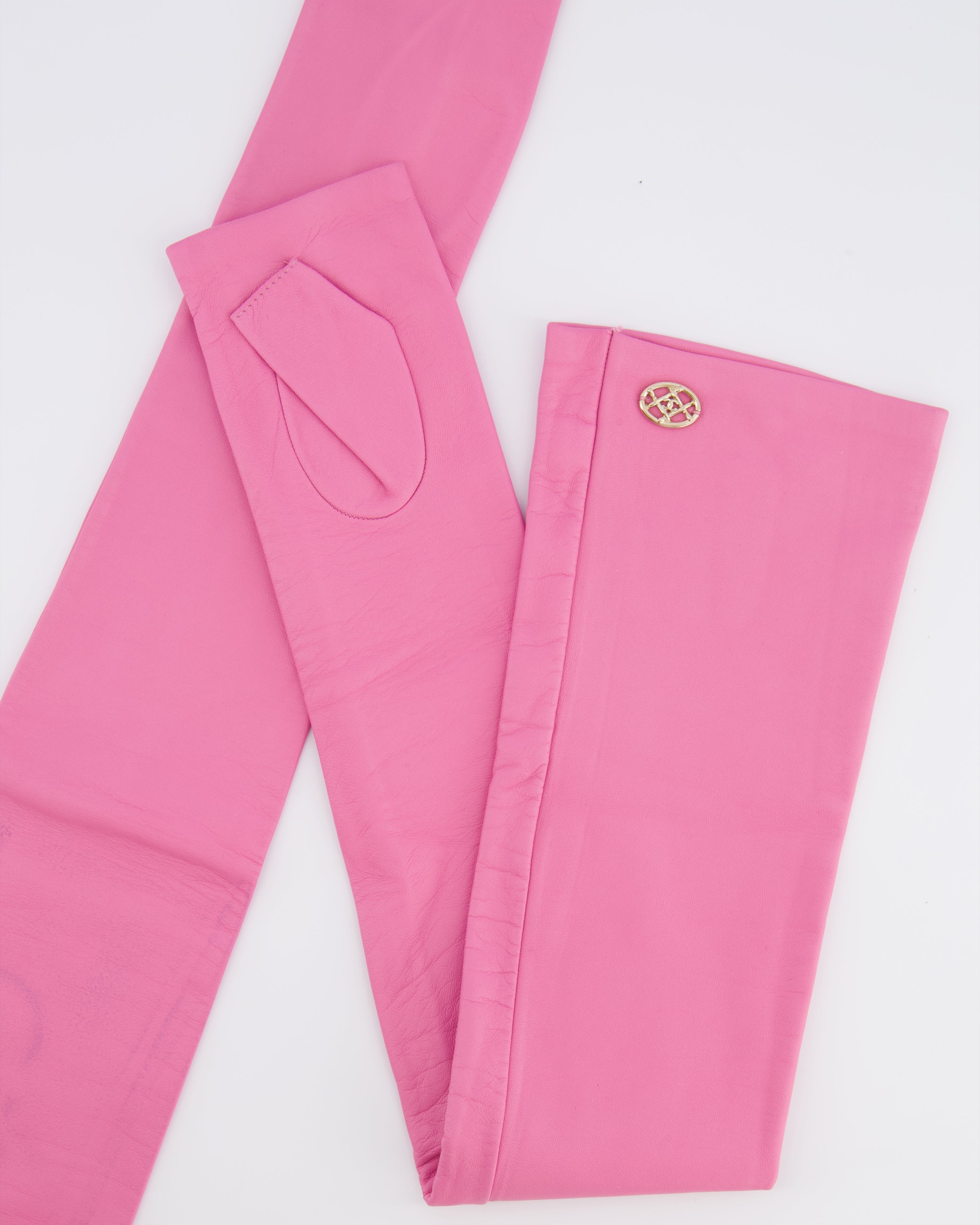 Chanel 18K Pink Lambskin Leather Long Mitten Gloves with Gold CC Logo Details Size 6 1/2cm