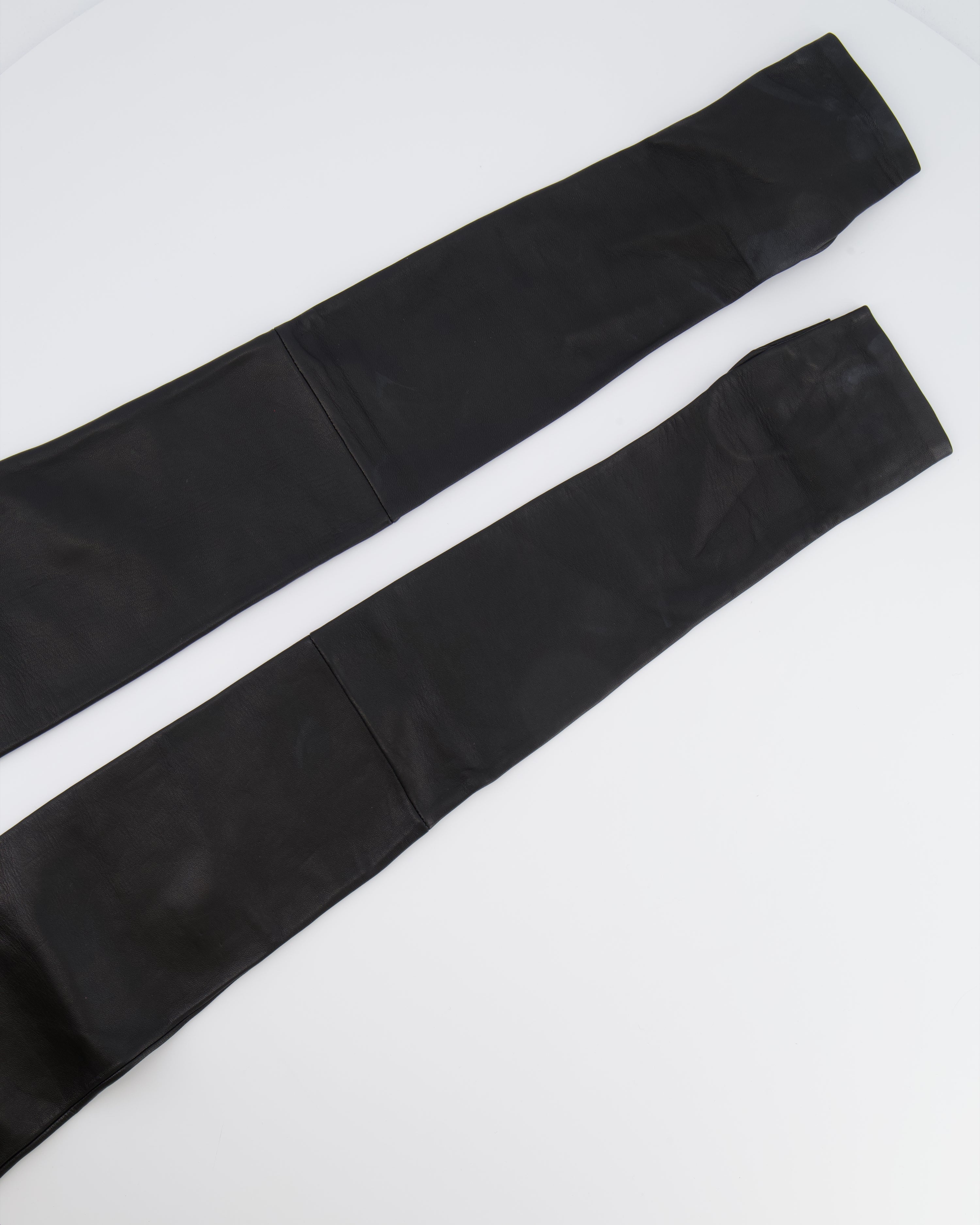 Chanel 18A Black Lambskin Leather Long Mitten Gloves with Aged Silver CC Logo Details Size 7