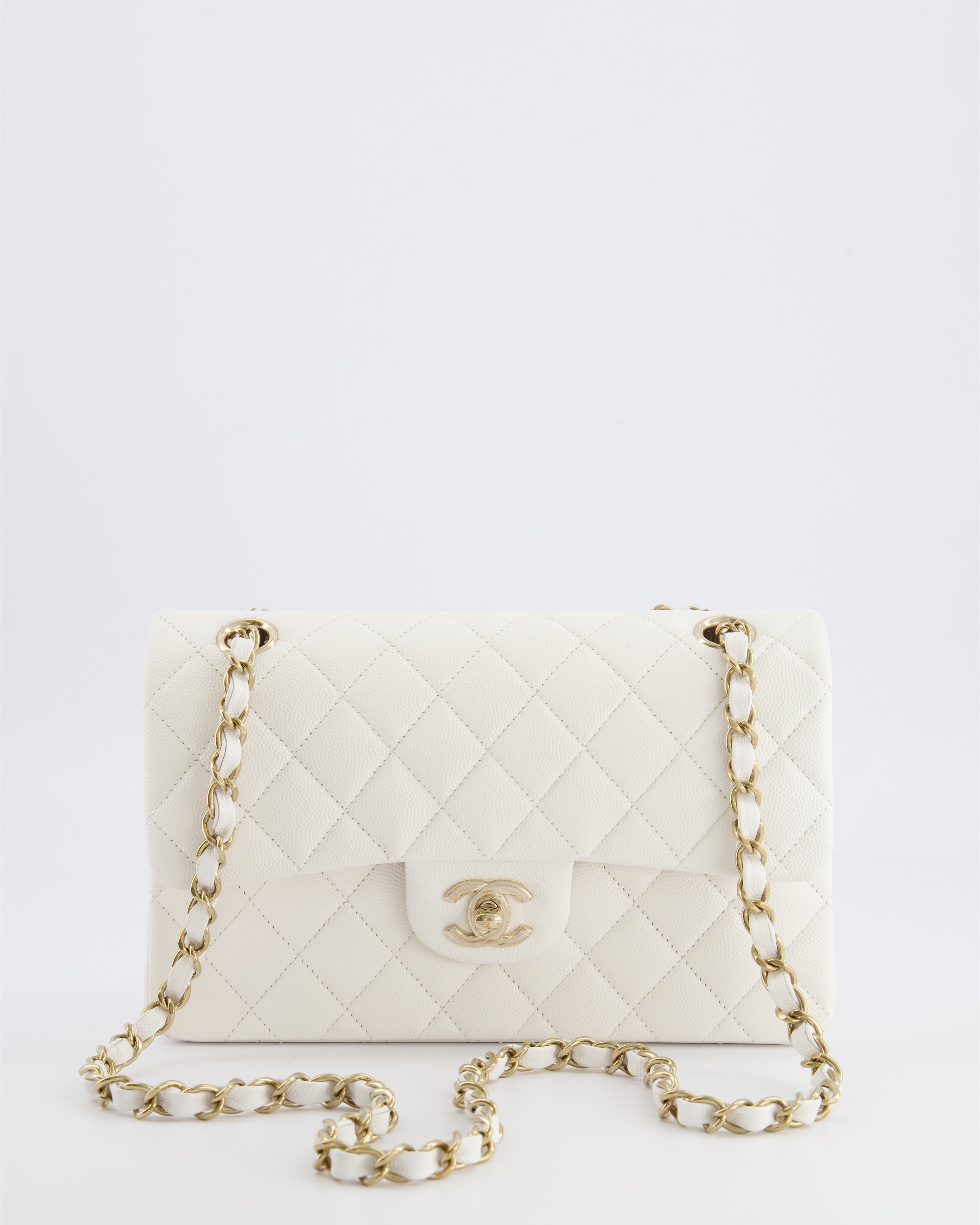 *HOT & RARE* Chanel White Small Classic Double Flap Bag in Caviar Leather with Champagne Gold Hardware