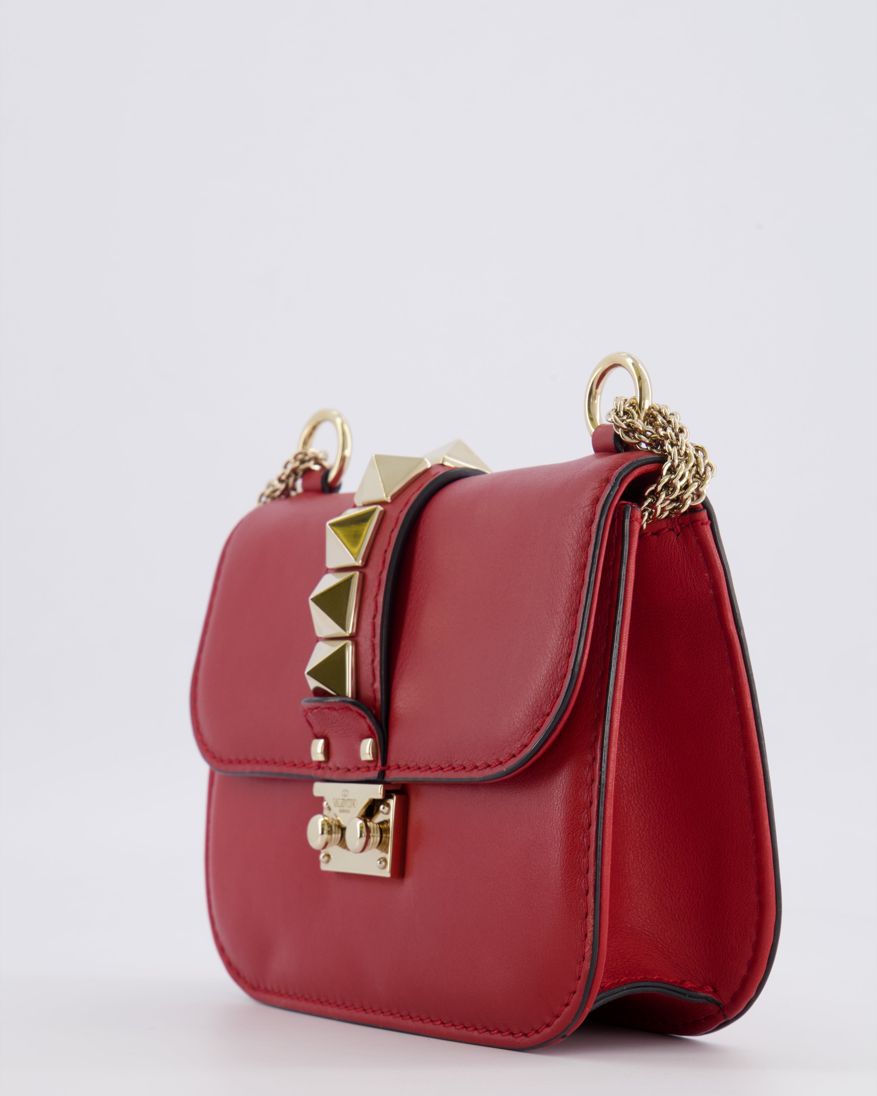 Valentino Red Leather Rockstud Glam Lock Bag with Gold Hardware