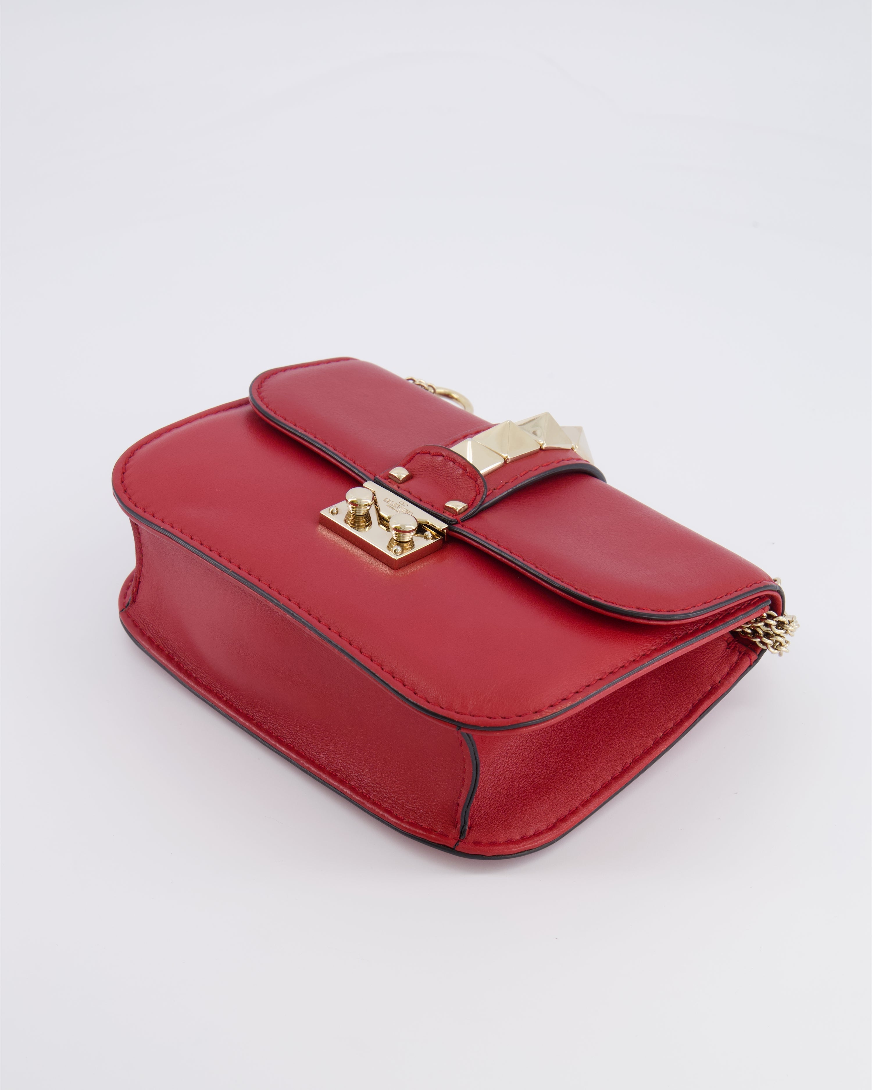 Valentino Red Leather Rockstud Glam Lock Bag with Gold Hardware