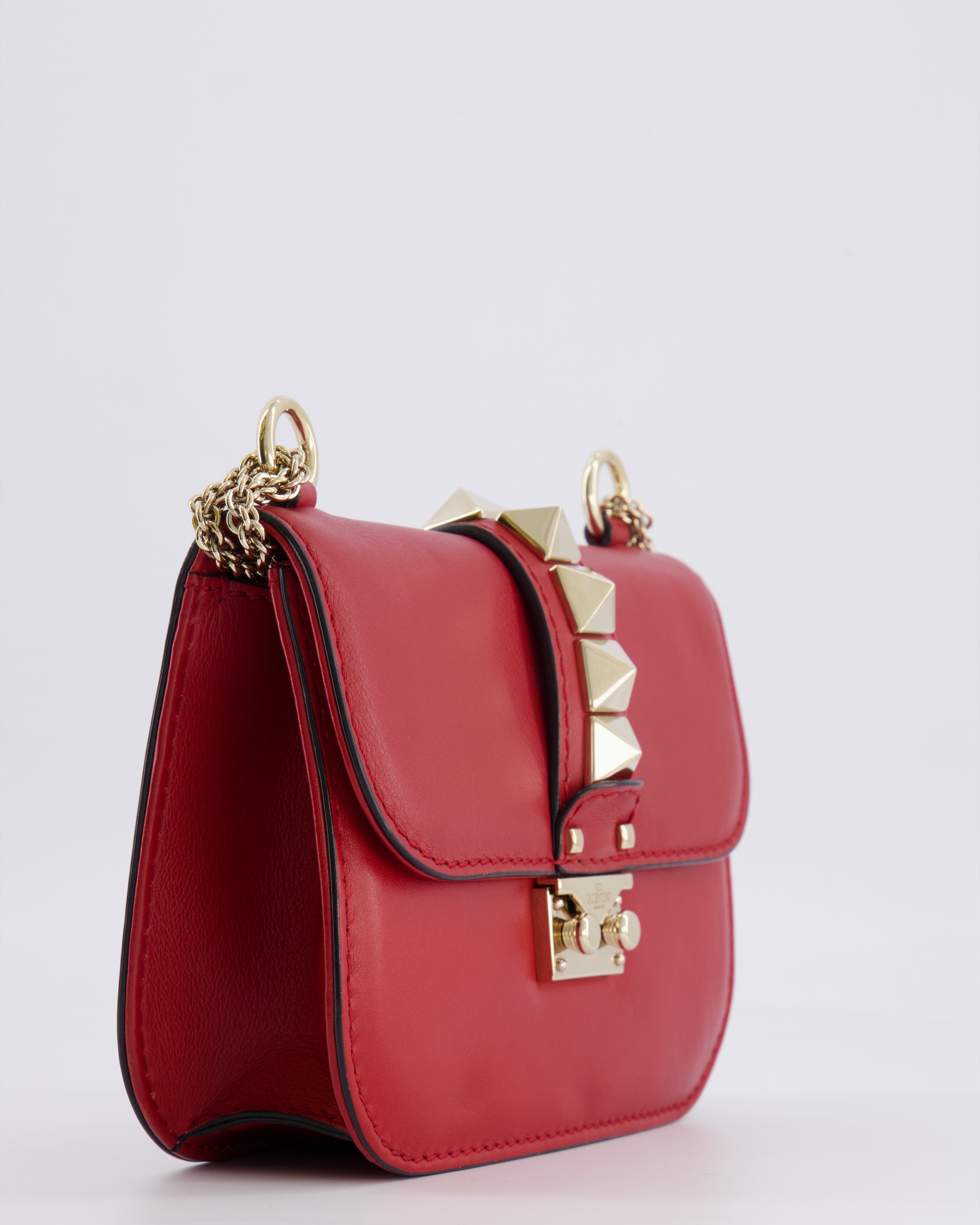 Valentino Red Leather Rockstud Glam Lock Bag with Gold Hardware