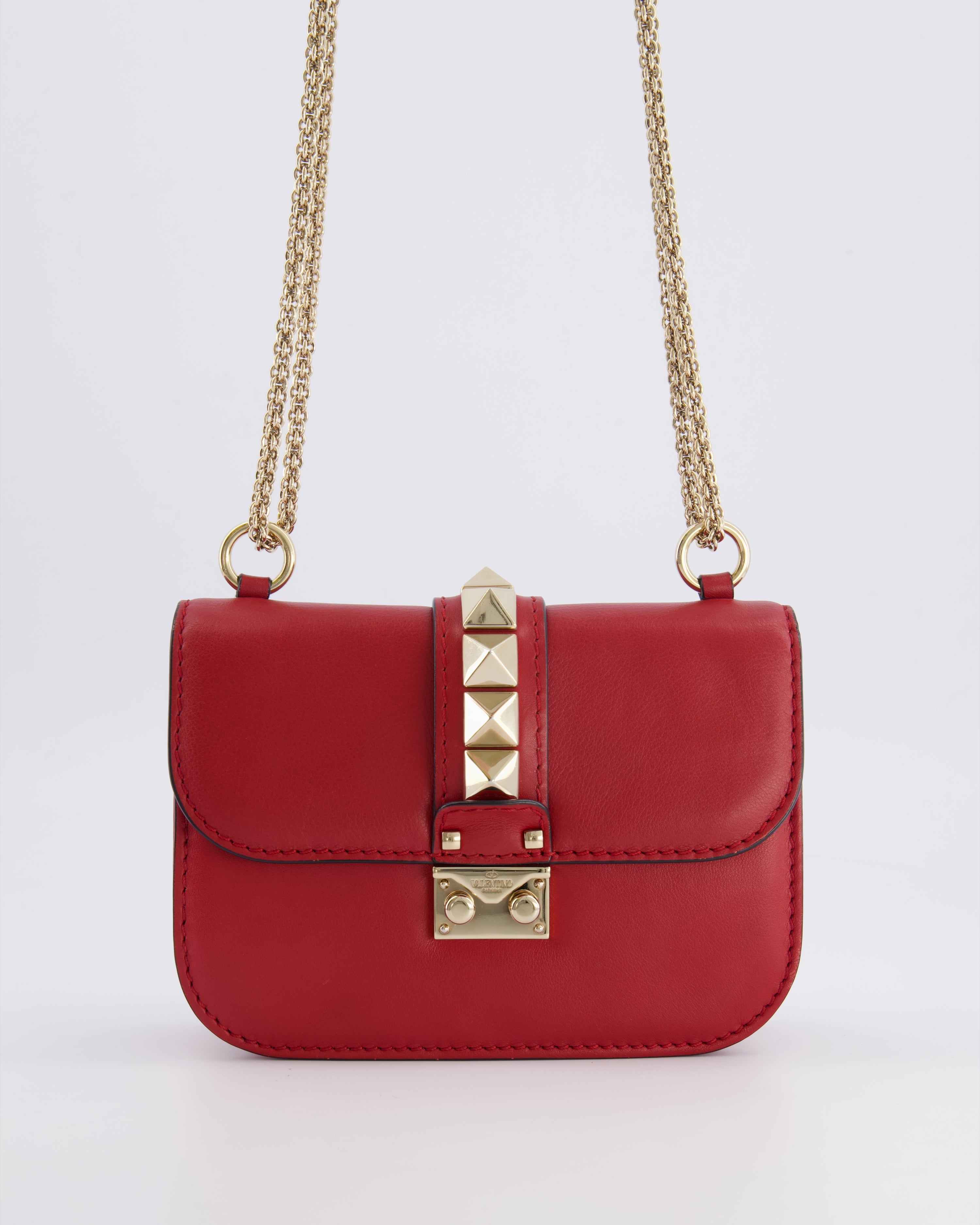 Valentino Red Leather Rockstud Glam Lock Bag with Gold Hardware
