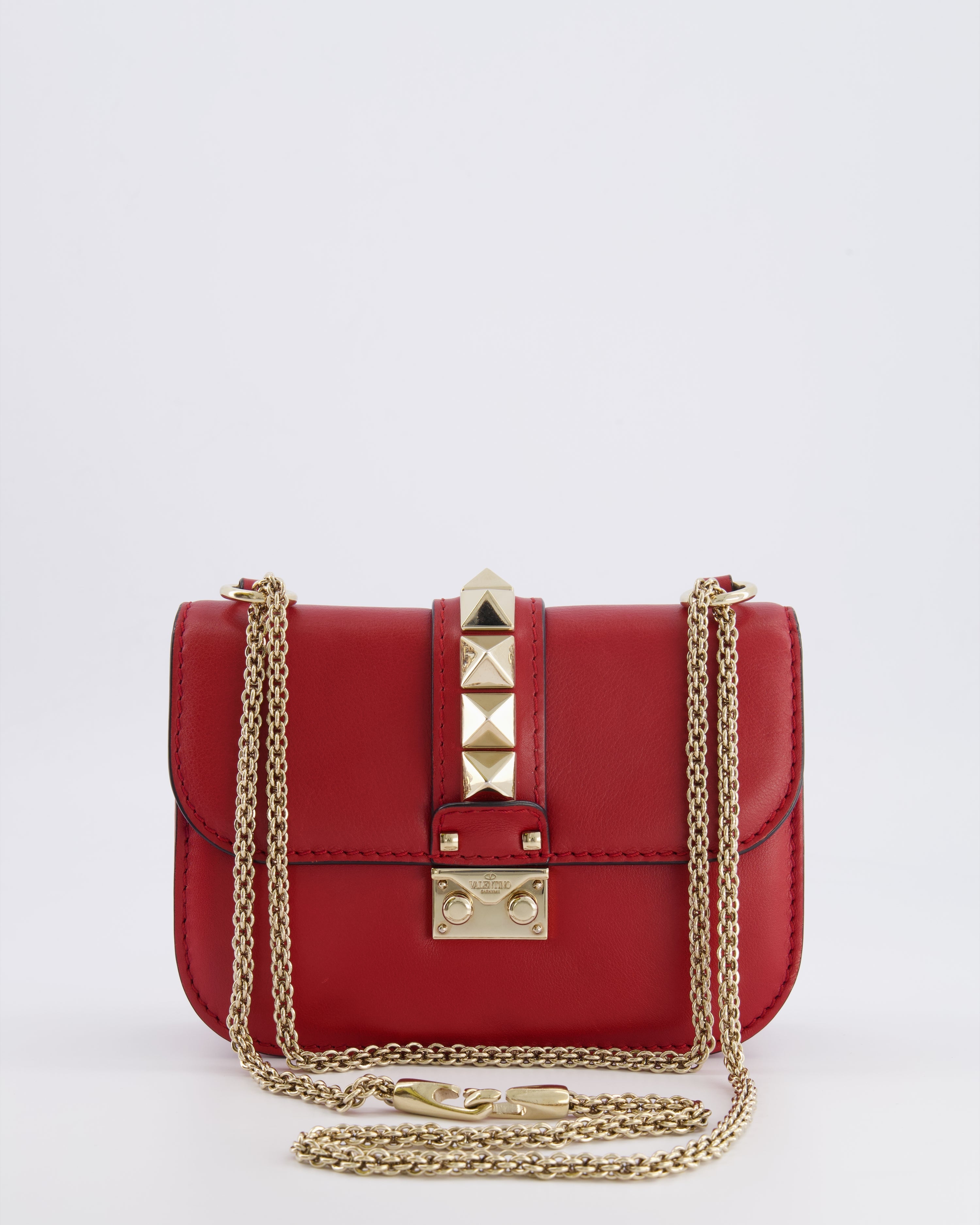 Valentino Red Leather Rockstud Glam Lock Bag with Gold Hardware