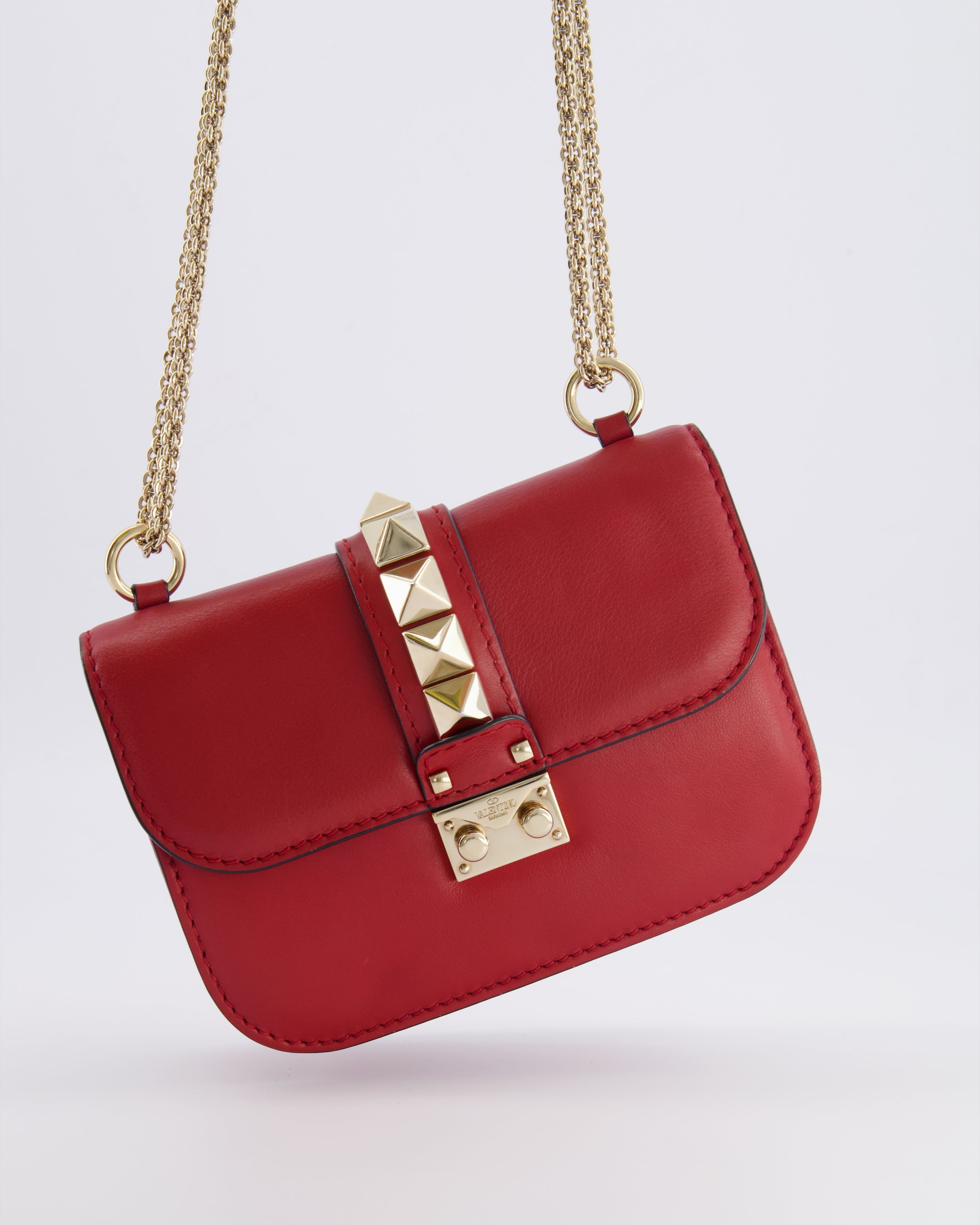 Valentino Red Leather Rockstud Glam Lock Bag with Gold Hardware