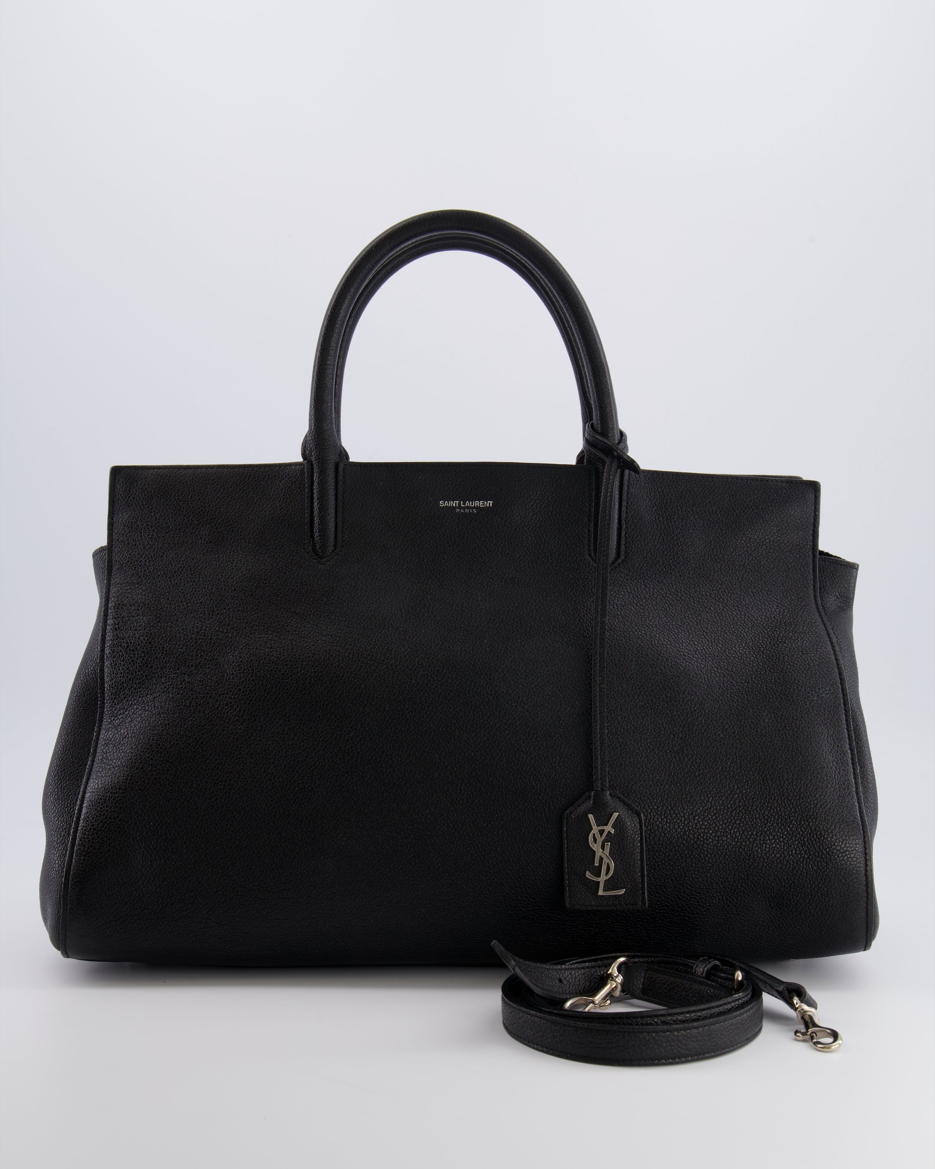 Saint Laurent Black Leather Rive Gauche Tote Bag with Silver Hardware