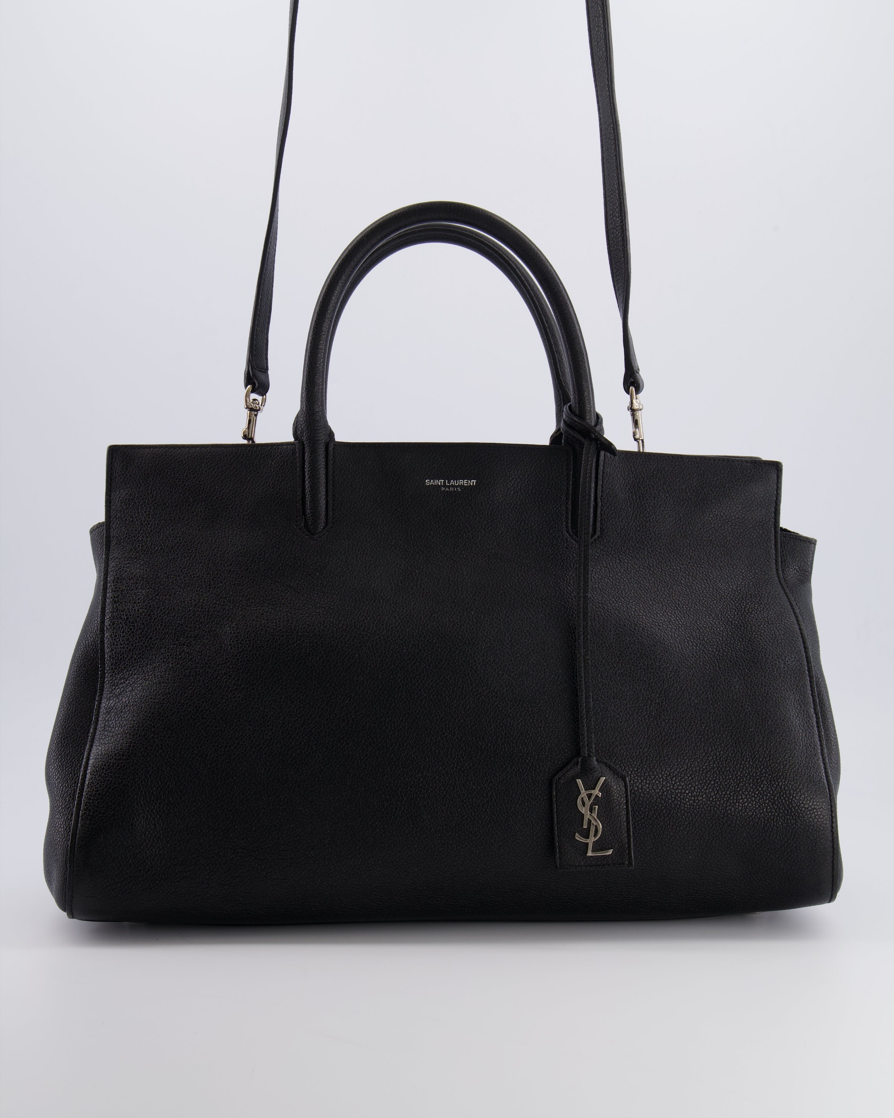 Saint Laurent Black Leather Rive Gauche Tote Bag with Silver Hardware