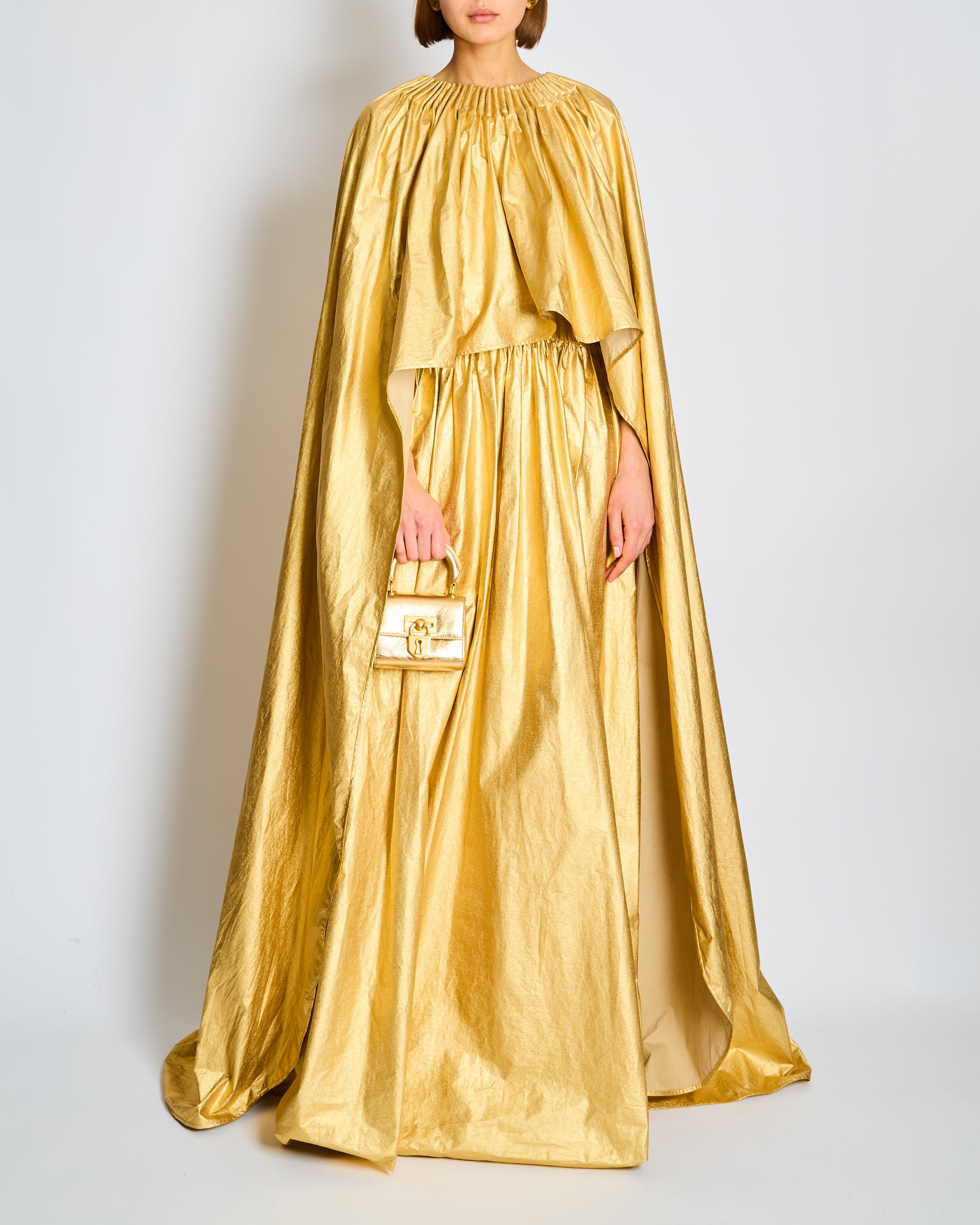 *CURRENT SEASON* Schiaparelli Gold Ruched Metallic Maxi Cape Dress Size FR 38 (UK 10)