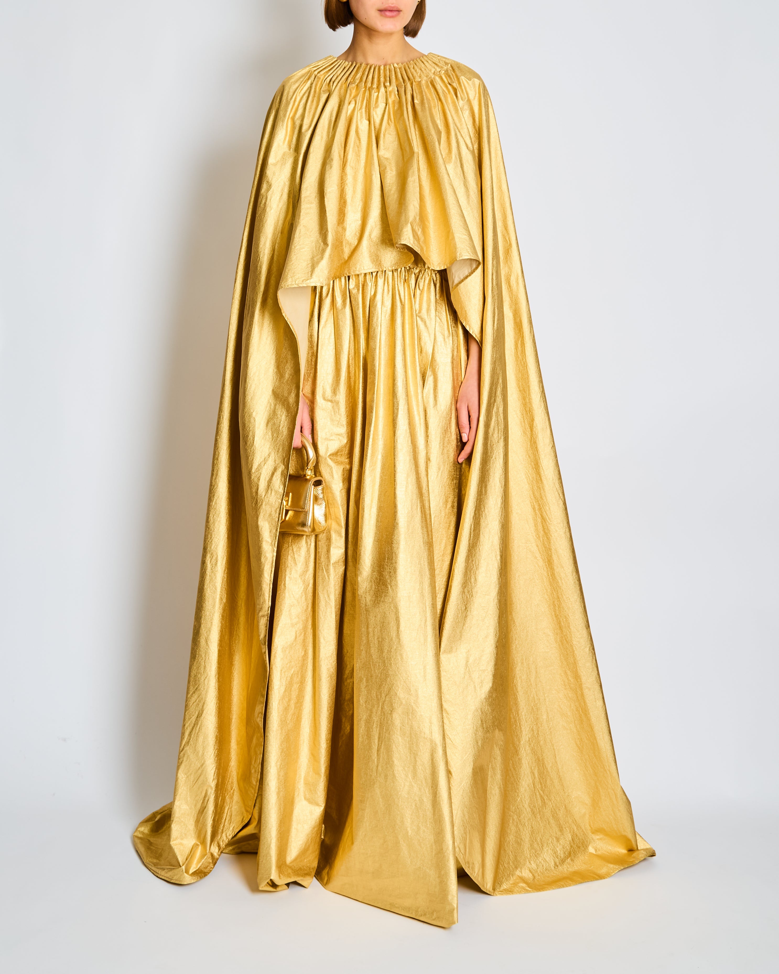 *CURRENT SEASON* Schiaparelli Gold Ruched Metallic Maxi Cape Dress Size FR 38 (UK 10)