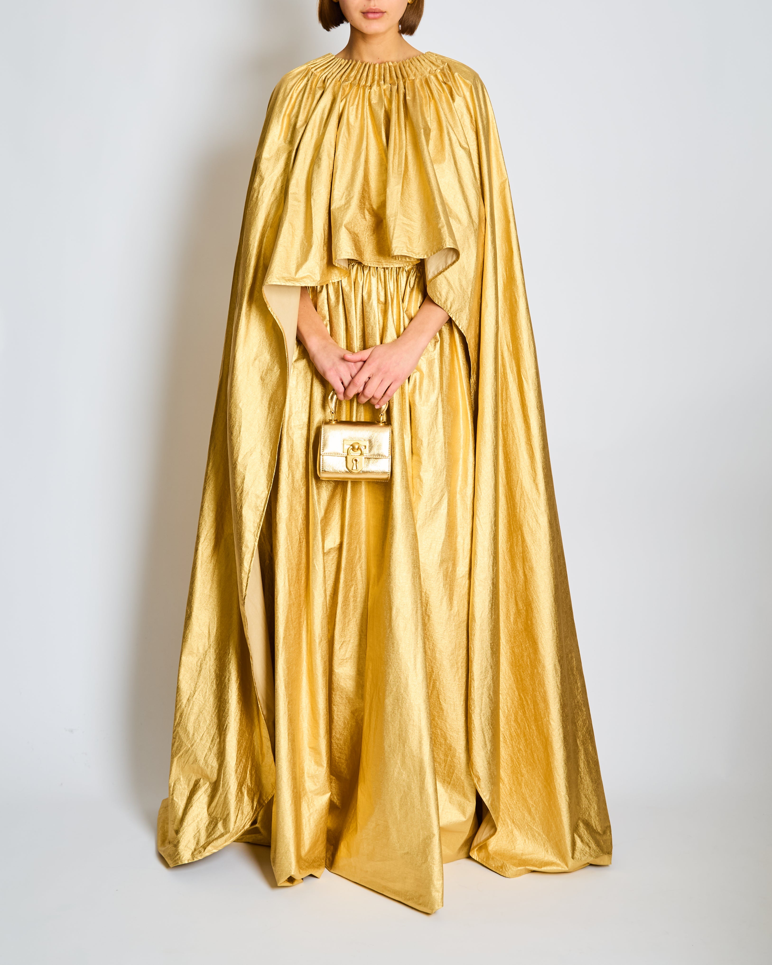 *CURRENT SEASON* Schiaparelli Gold Ruched Metallic Maxi Cape Dress Size FR 38 (UK 10)