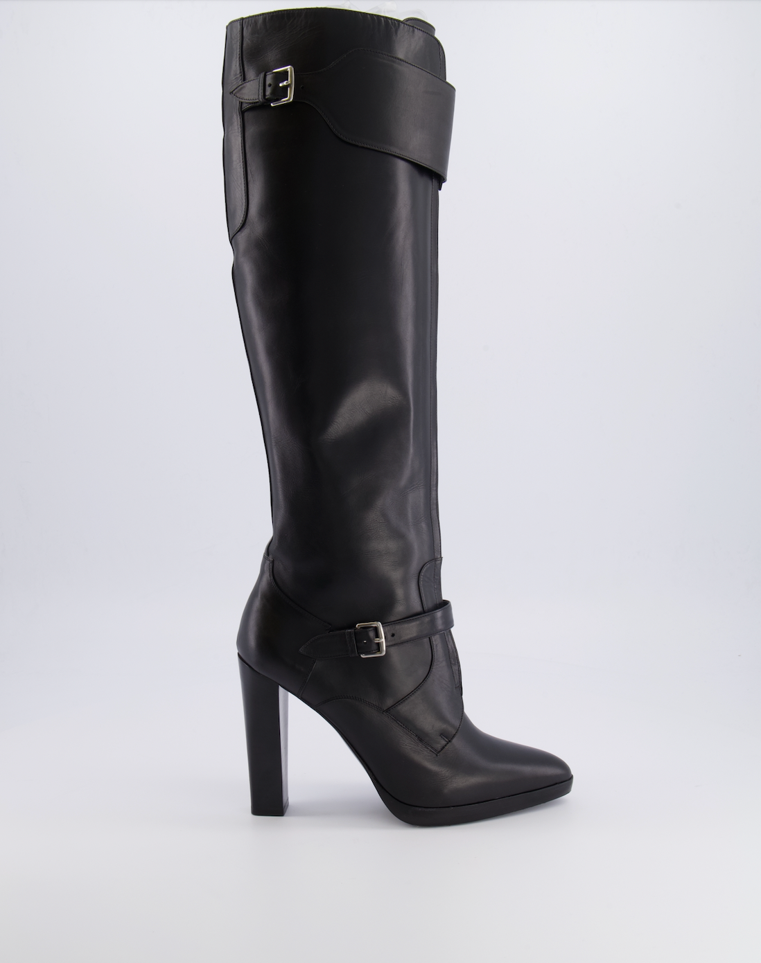 Hermes Black Leather Knee-high Heeled Boots with Silver Buckle Details Size EU 39.5