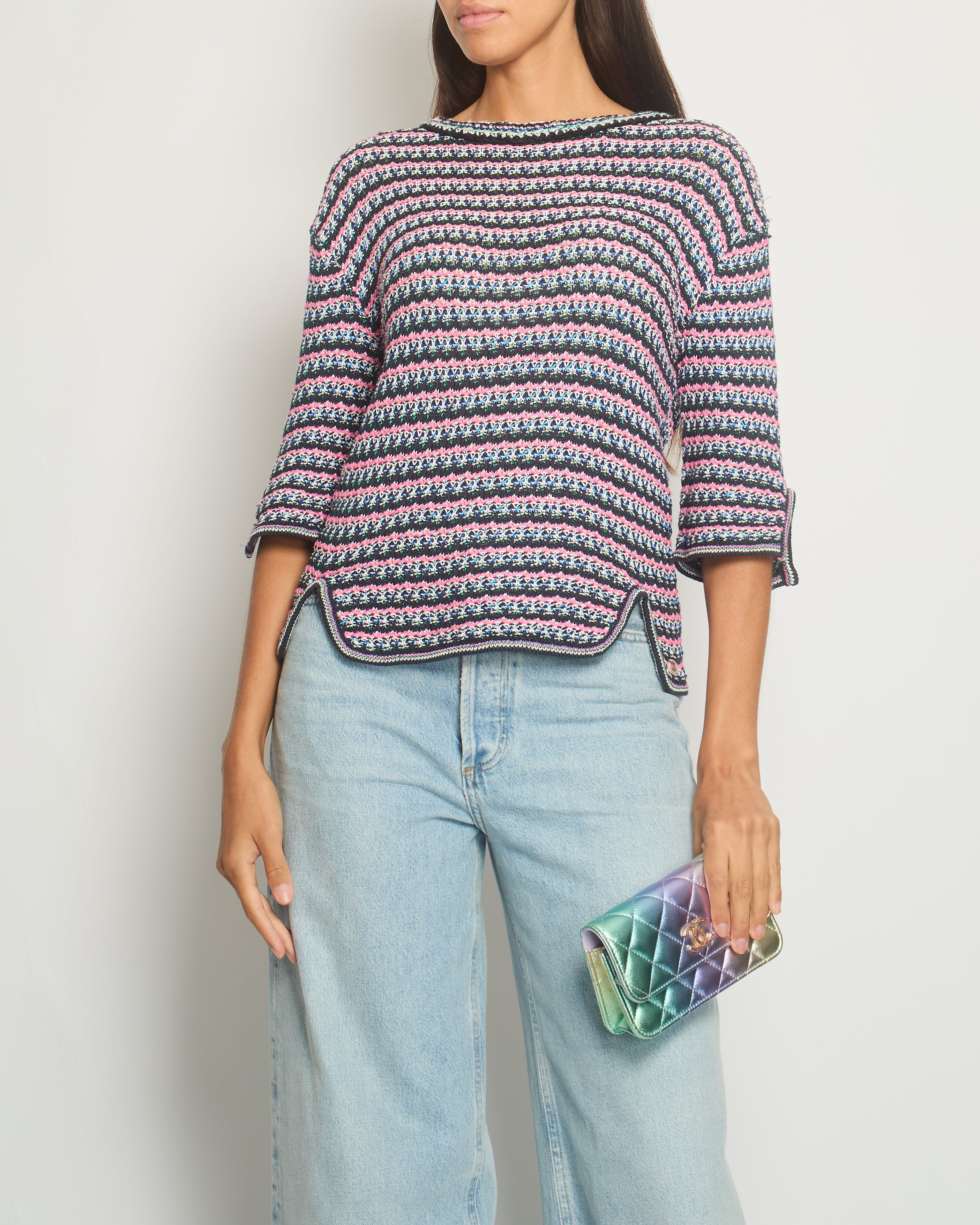 *FIRE PRICE* Chanel Pink, Black Metallic Green Mid-Sleeve Top FR 38 (UK 10)