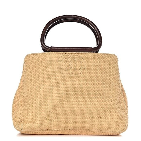 Chanel Vintage Raffia Tote Woven Straw Shoulder Bag Wooden Ring Beige