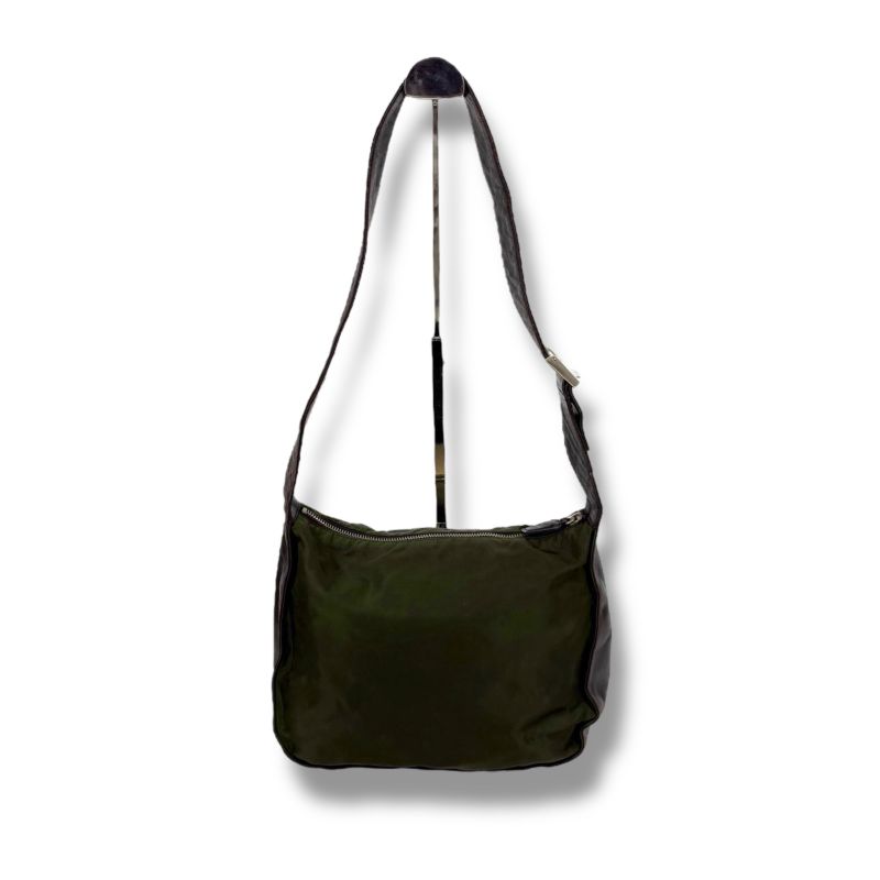 Prada One Shoulder Bag Leather Tessuto Nylon Triangle Logo Khaki Brown Hobo Soho