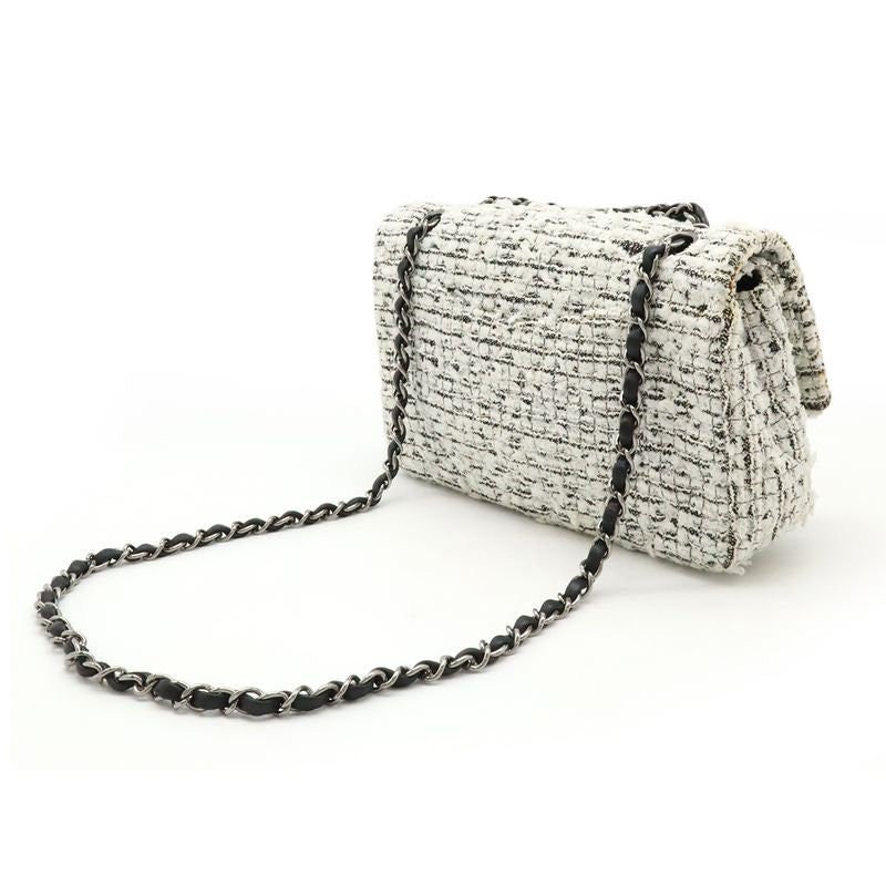 Chanel 255 Tweed Double Flap Chain Bag Shoulder Bag Flower Motif Leather White Black