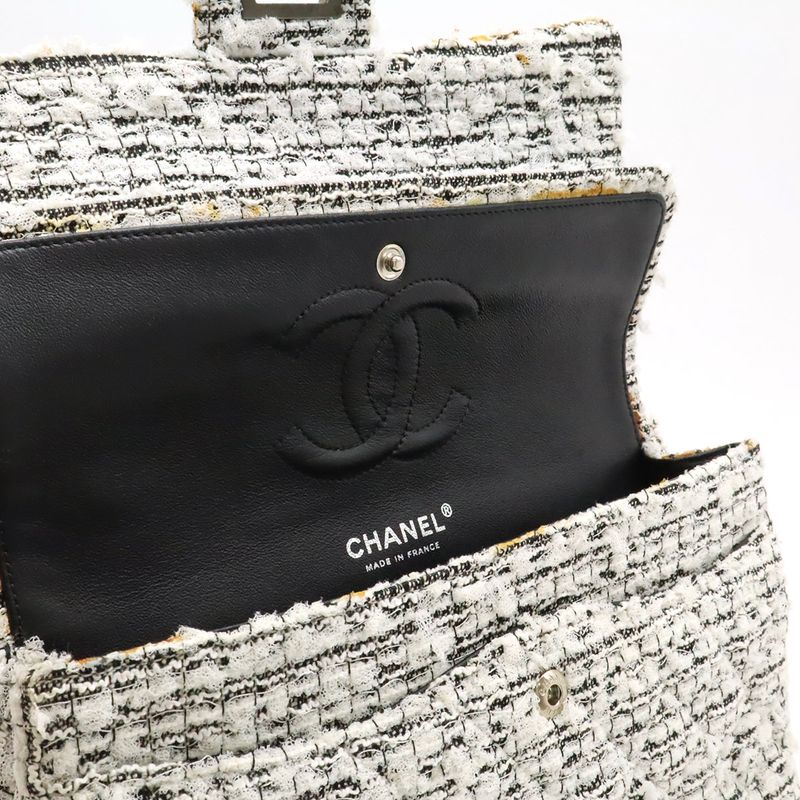 Chanel 255 Tweed Double Flap Chain Bag Shoulder Bag Flower Motif Leather White Black