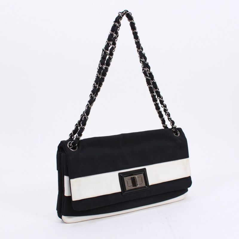 Chanel Chain Shoulder Bag Nylon Black and White Shoulder Bag Silver
