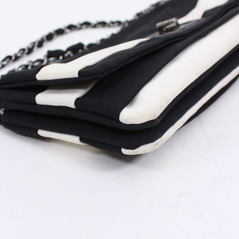 Chanel Chain Shoulder Bag Nylon Black and White Shoulder Bag Silver