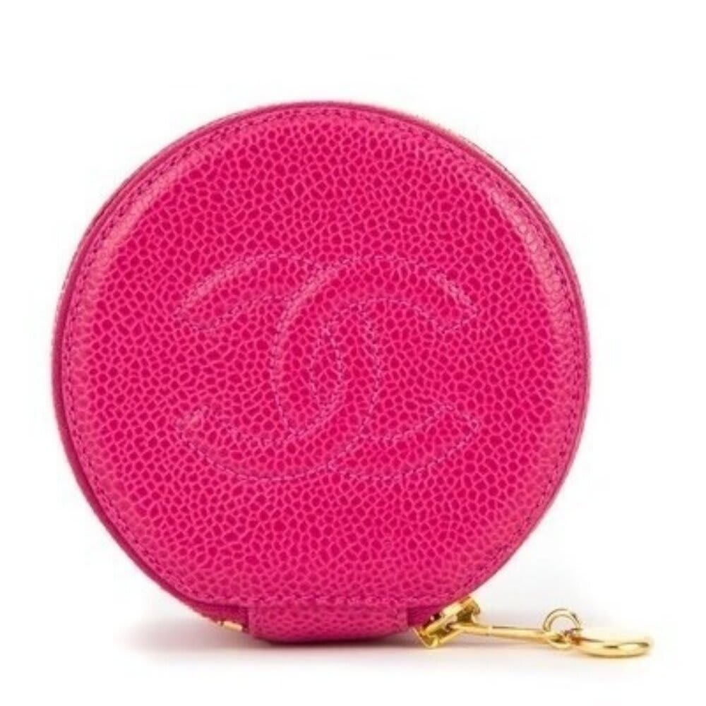 Chanel CC Caviar Round Pouch Jewelry Travel Case Coin Purse Pink