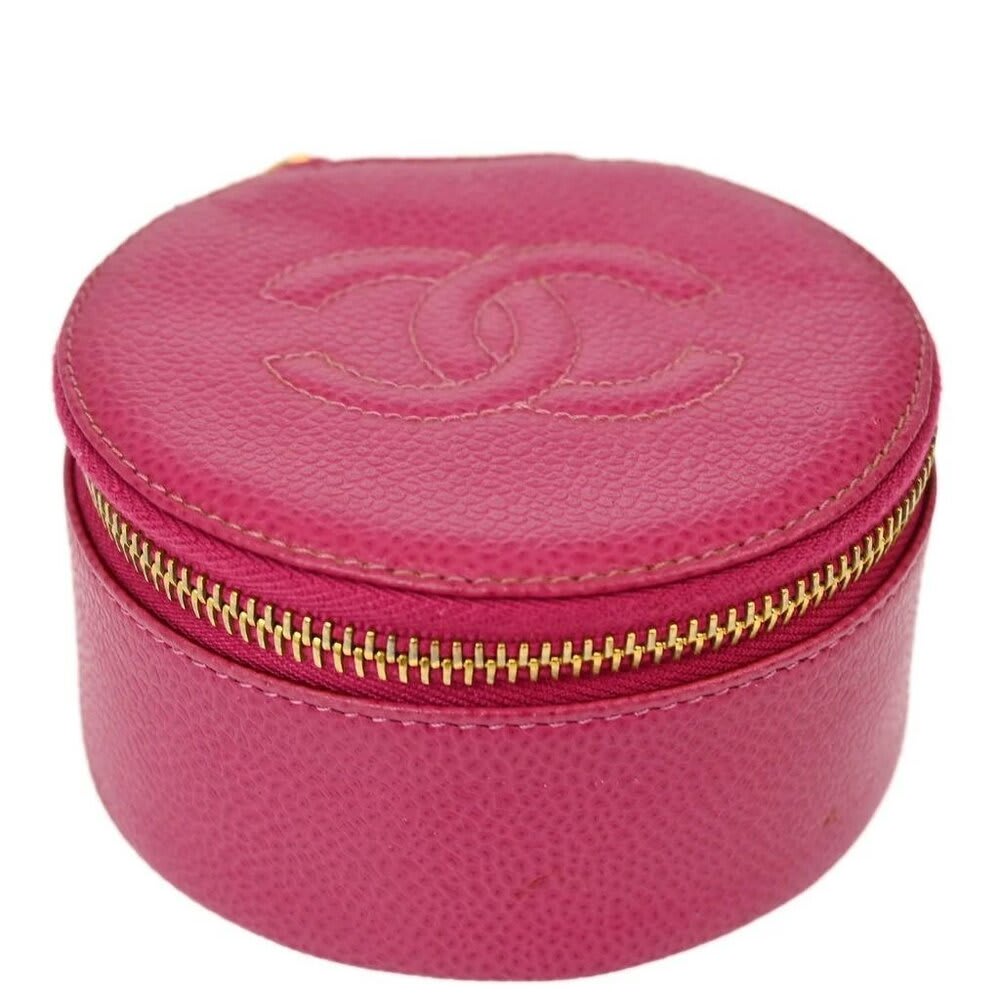 Chanel CC Caviar Round Pouch Jewelry Travel Case Coin Purse Pink