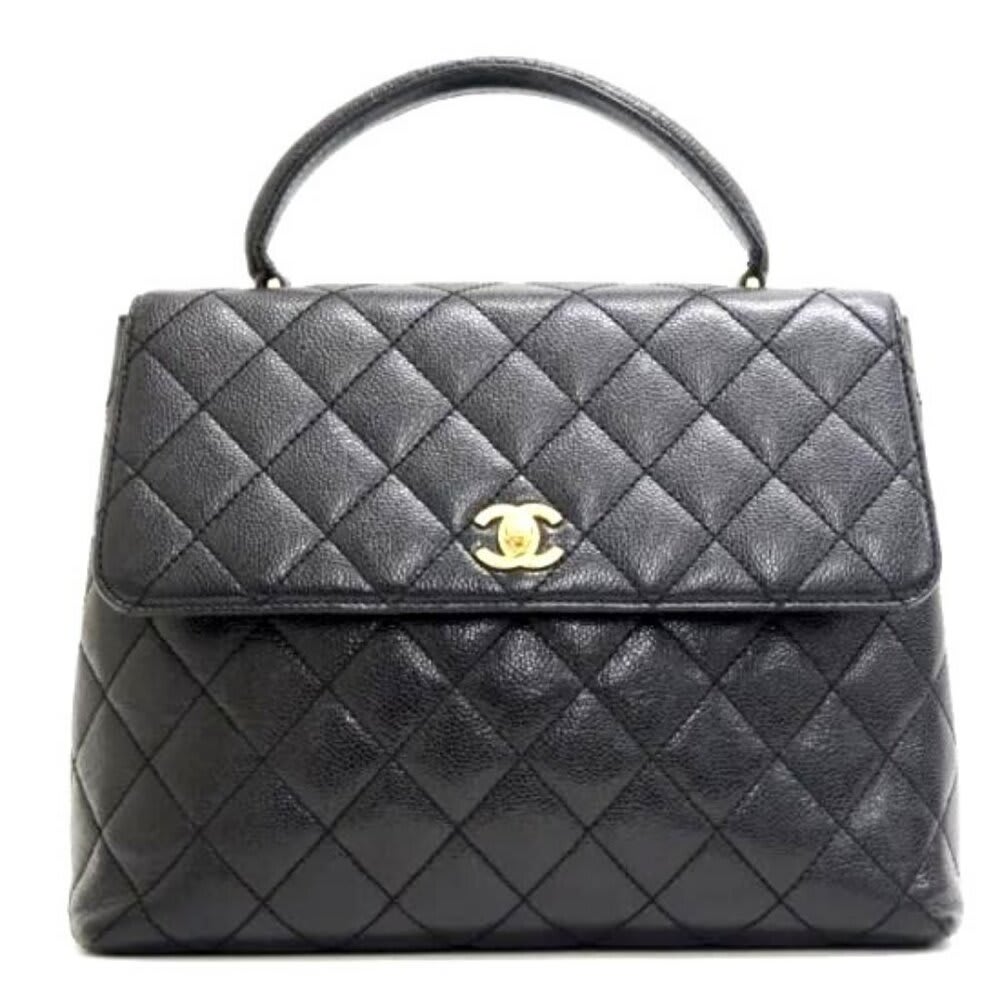 Chanel 24K CC Caviar Vintage Kelly Quilted Flap Bag Black Purse Handle