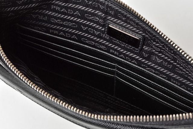 Prada Clutch Bag Travel Pouch Men's Saffiano Patch Patchwork Black Azzurro