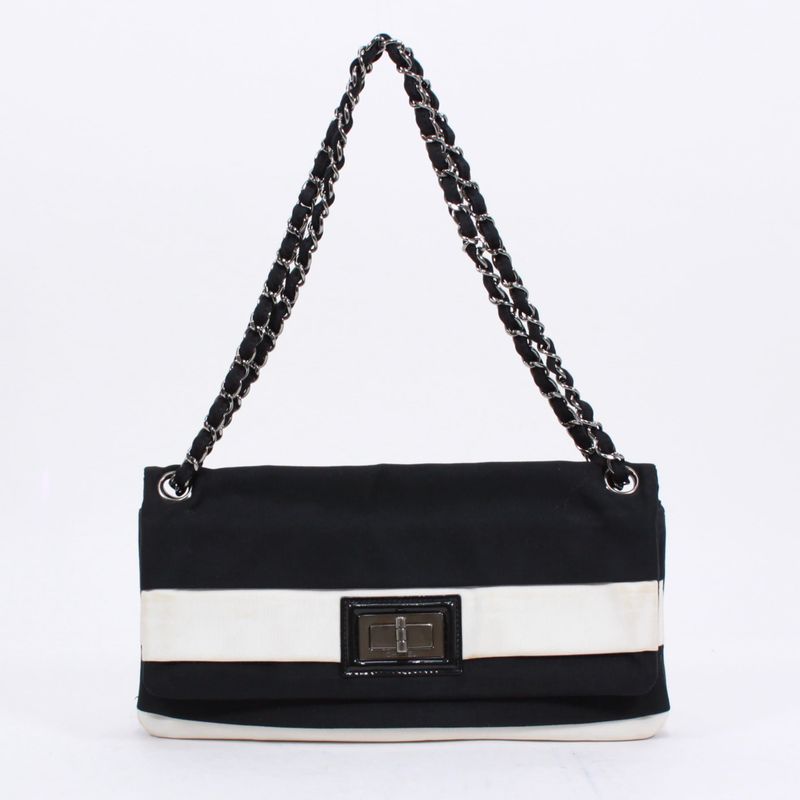 Chanel Chain Shoulder Bag Nylon Black and White Shoulder Bag Silver