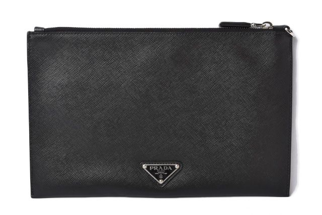 Prada Clutch Bag Travel Pouch Men's Saffiano Patch Patchwork Black Azzurro