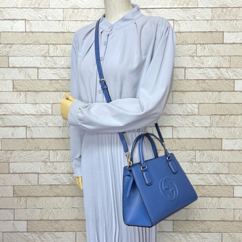 Gucci Outlet Interlocking G Soho Shoulder Bag Leather Blue Women's