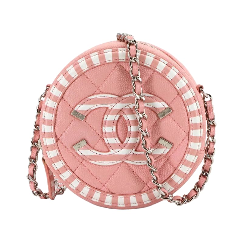 Chanel Chanel CC Filigree Chain Shoulder Bag Caviar Leather Pink White Round Shape