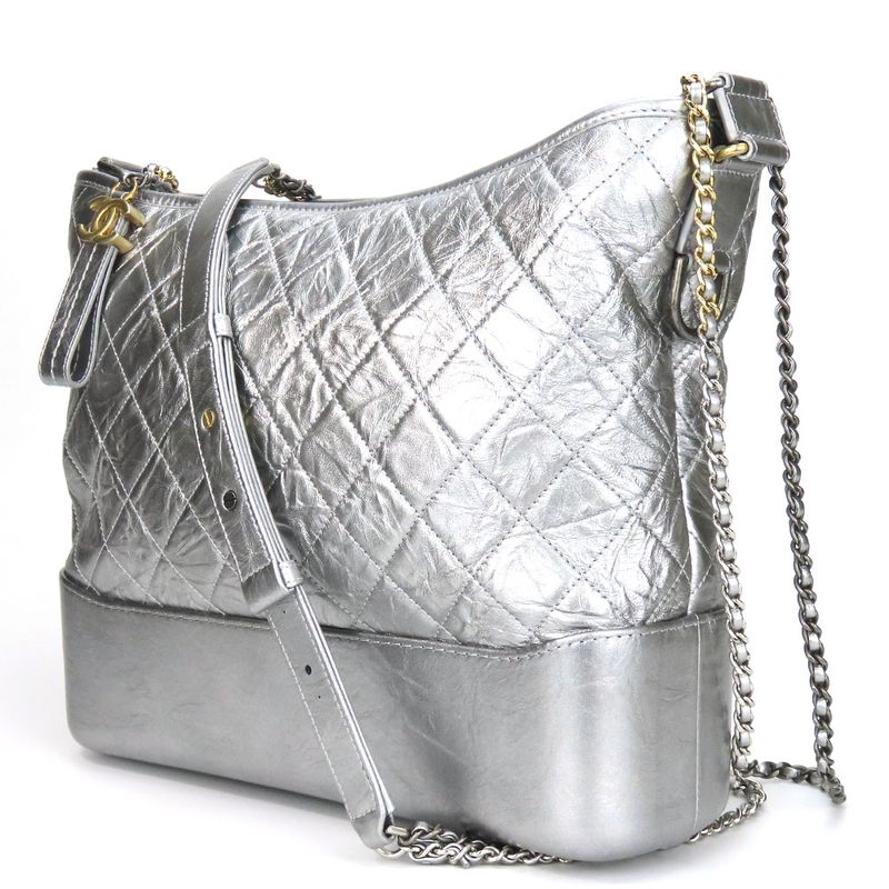 Chanel Shoulder Bag Gabrielle Chain Large Hobo Leather Silver Metallic
